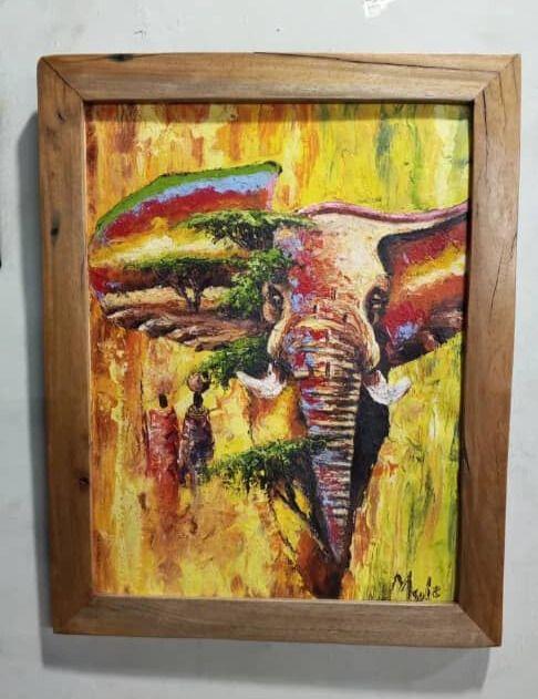 African Elephant Knife Painting on Canvas – Framed in Dhow Wood