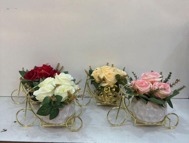 Decorative Artificial Flower Pots with Golden Bicycle Stand – Elegant Home Décor Set