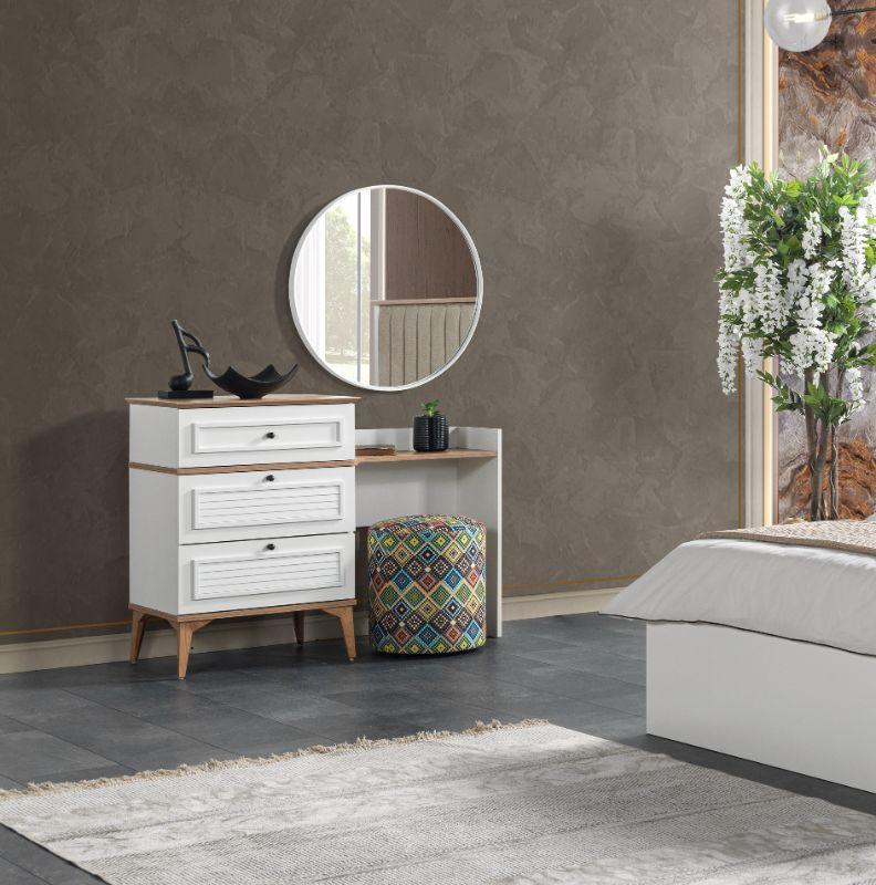 Capri Modern Dresser Set – White Finish with Geometric Upholstered Stool