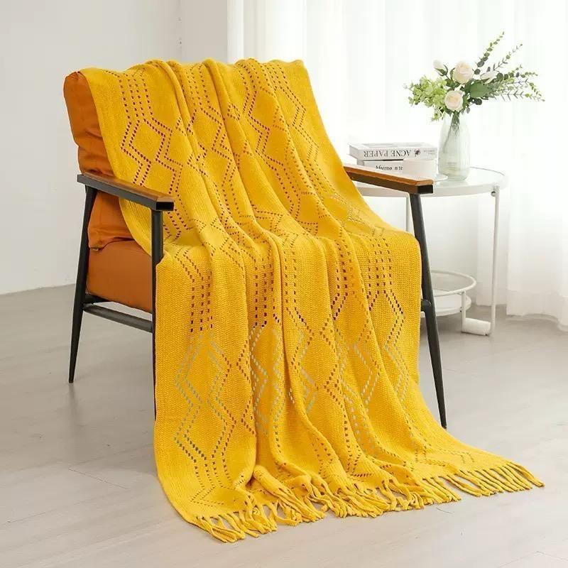Simu mustard Knitted Blanket with Tassels.