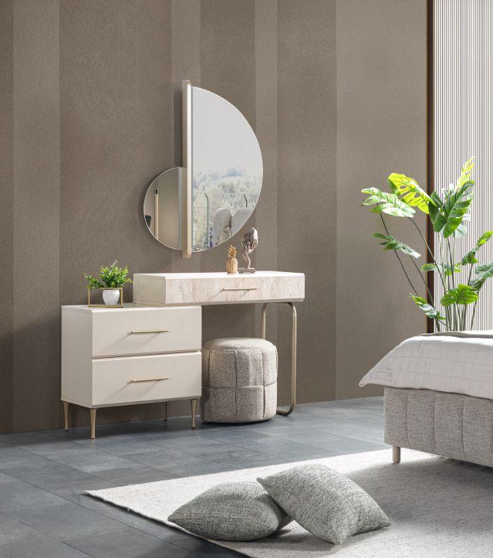 Andora Modern Dresser Set – Asymmetrical Vanity with Unique Half-Moon Mirror