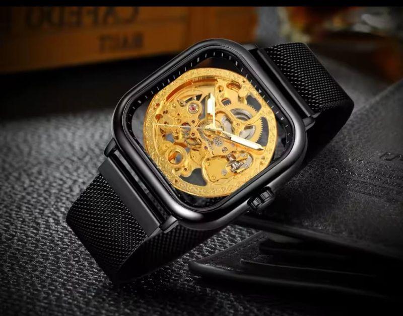Bidhaa Forsining Automatic Mechanical Watch with Transparent Gold Dial and Mesh Strap