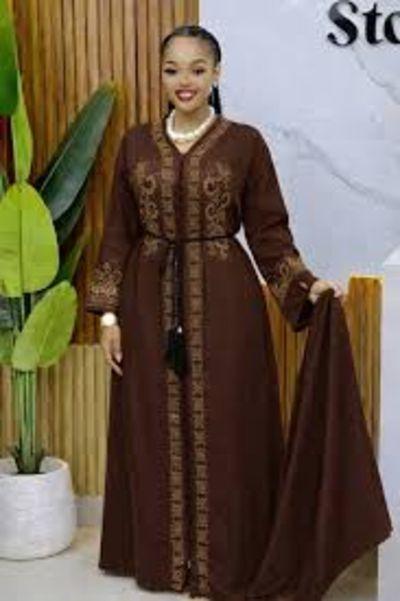 Vifaa Elegant Chocolate Brown Abaya with Gold Embroidery