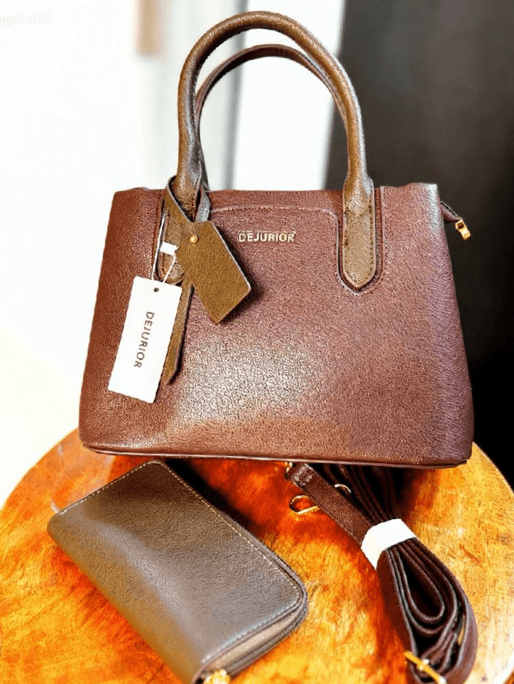 Dejurior Handbag Set: Elegant Brown Leather Tote & Wallet