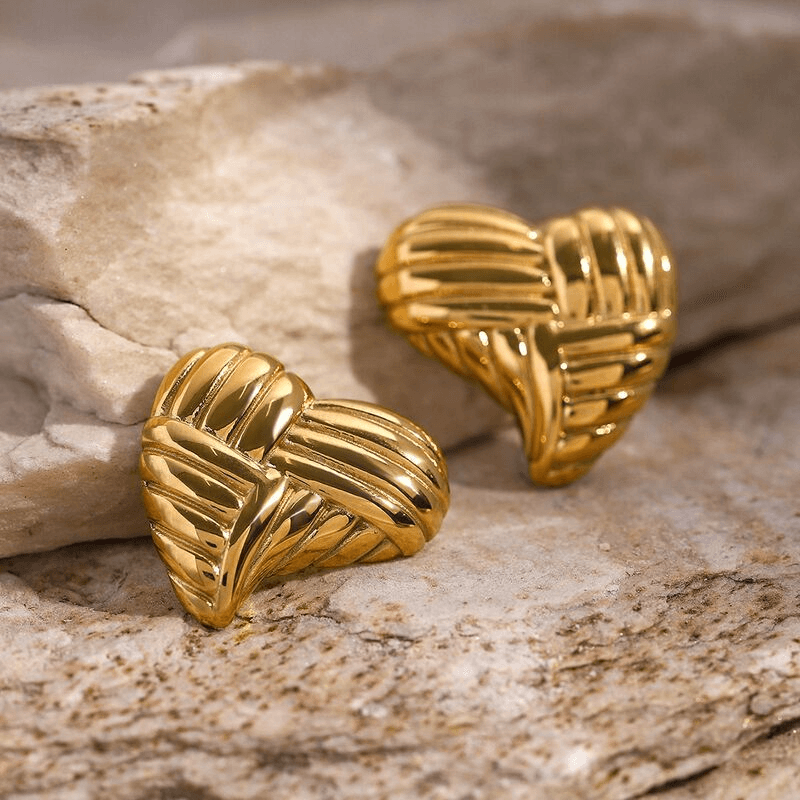 Luxurious Gold Textured Heart Earrings – Stainless Steel 18K Plated Statement Earrings (European & American Style)